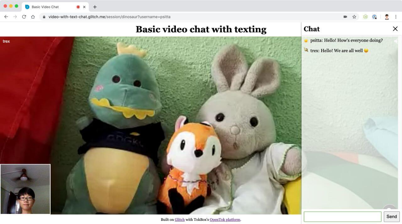 Screenshot of video chat with text chat
