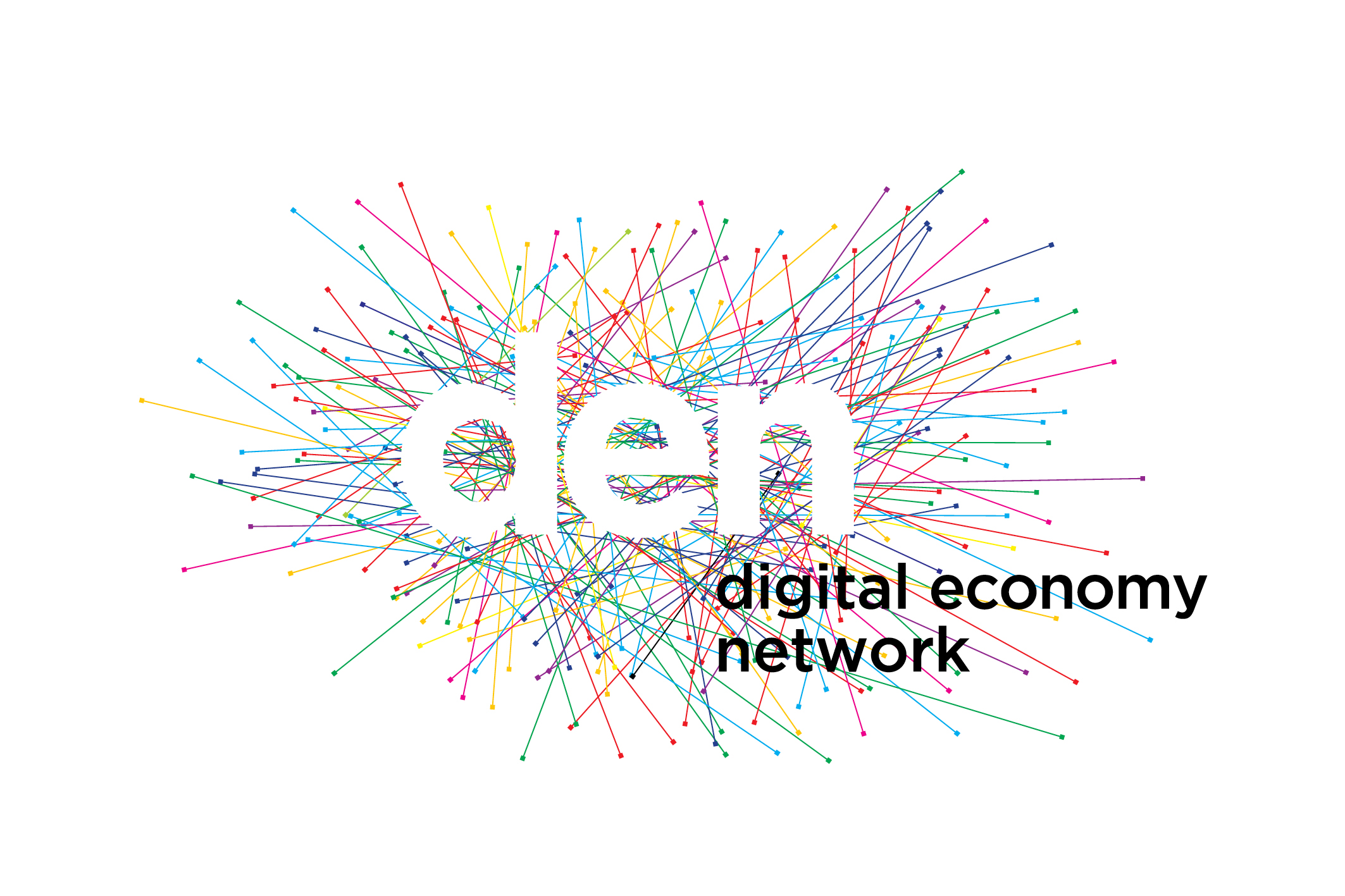 The Digital Economy Network logo. It consists of a network of colorful lines with the letters 'den' in white on top.
