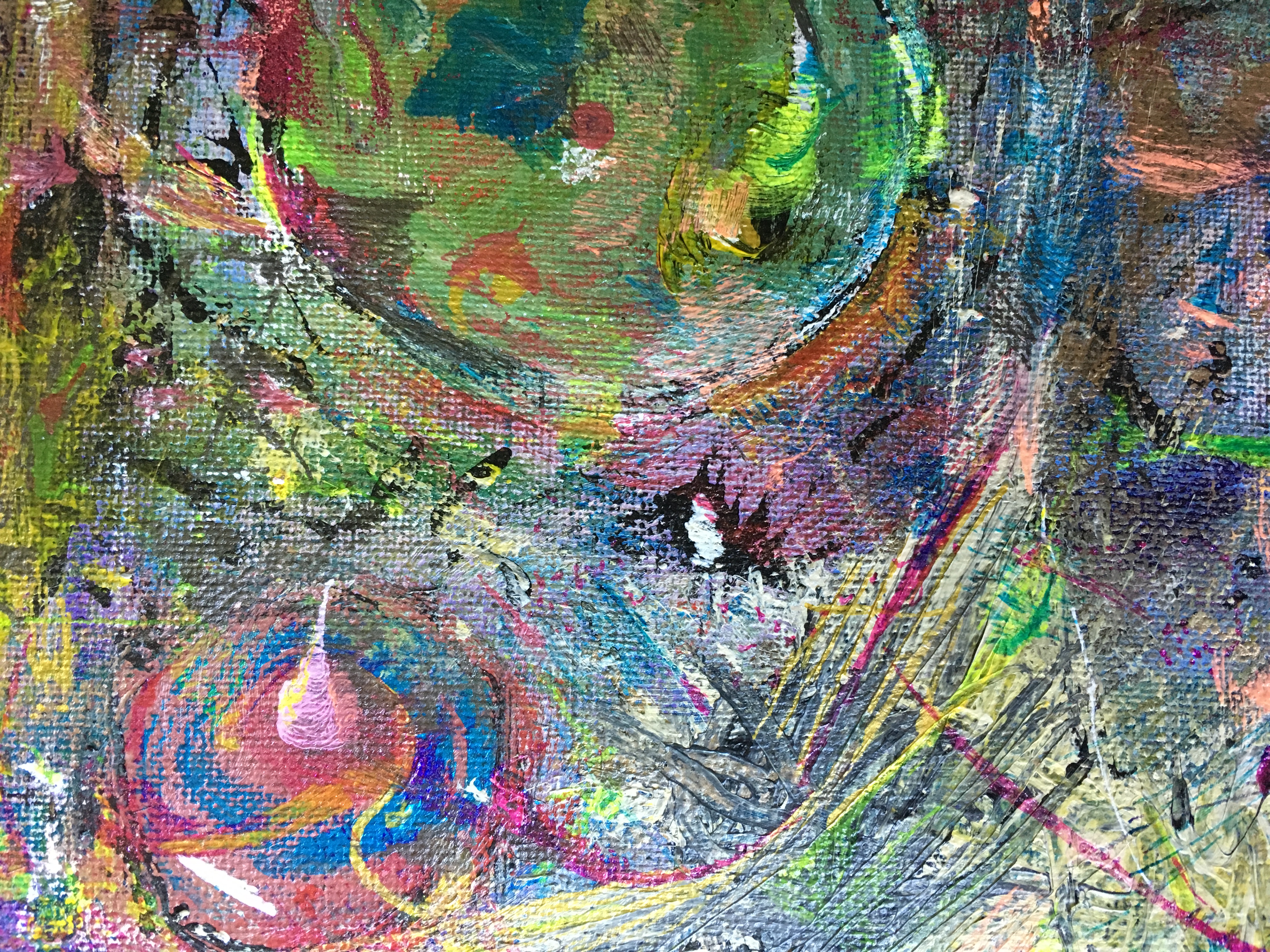 silver, lime green, and magenta acrylic abstract