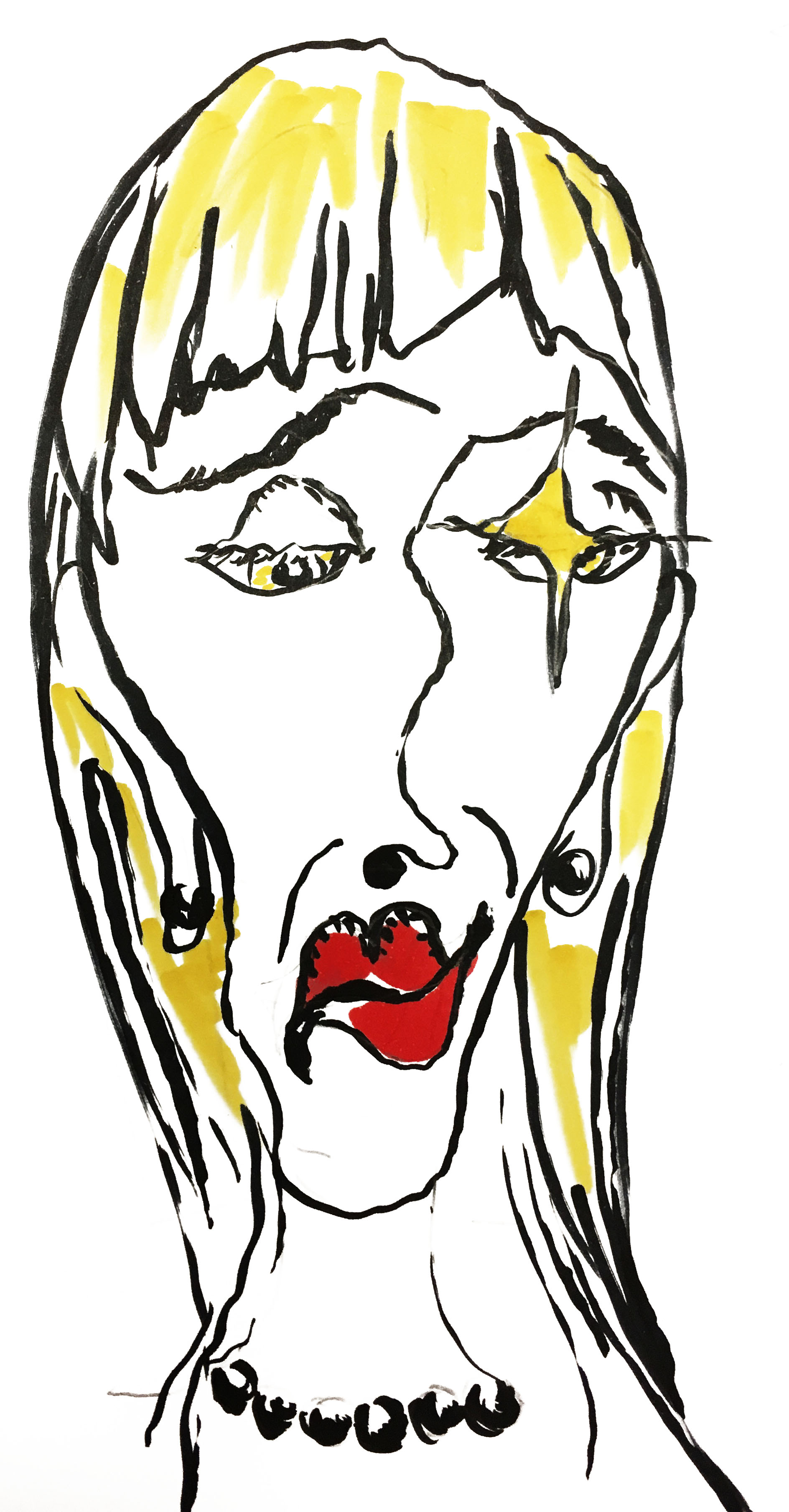 caricature of blonde woman with red lipstick and a twinkle in her eye