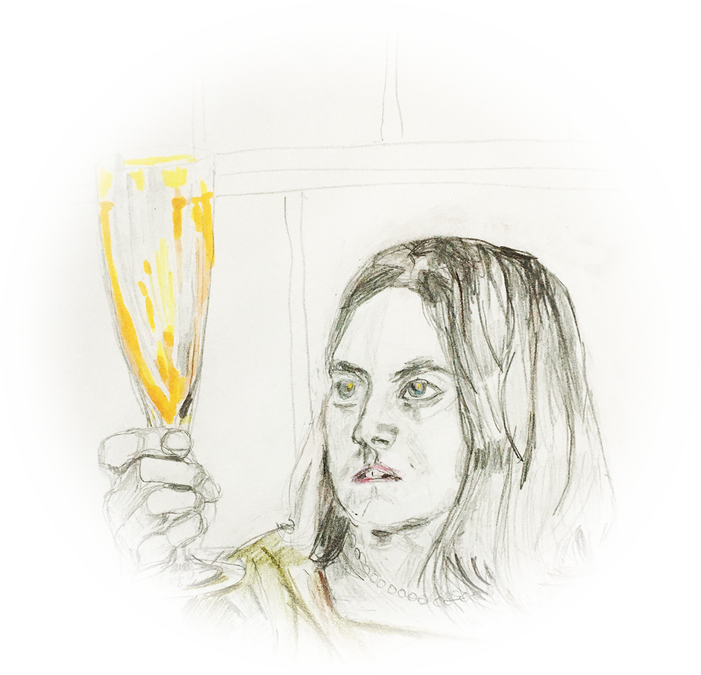 pencil drawing of woman looking into champagne glass