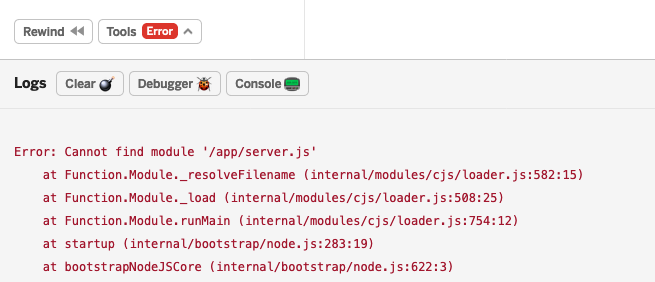 Screenshot of logs showing "Error: Cannot find module '/app/server.js'"