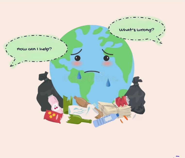 Sad Earth photo surrounded with litter with speech bubbles asking how can I help?