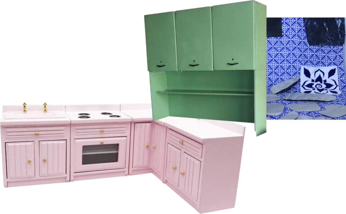 a pink L-shaped cabinet with a sink and stove, a sea green overhead cupboard and shelf, and Portuguese ceramic tiles