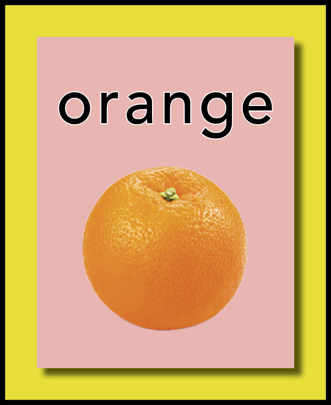 a card with an orange on it in English
