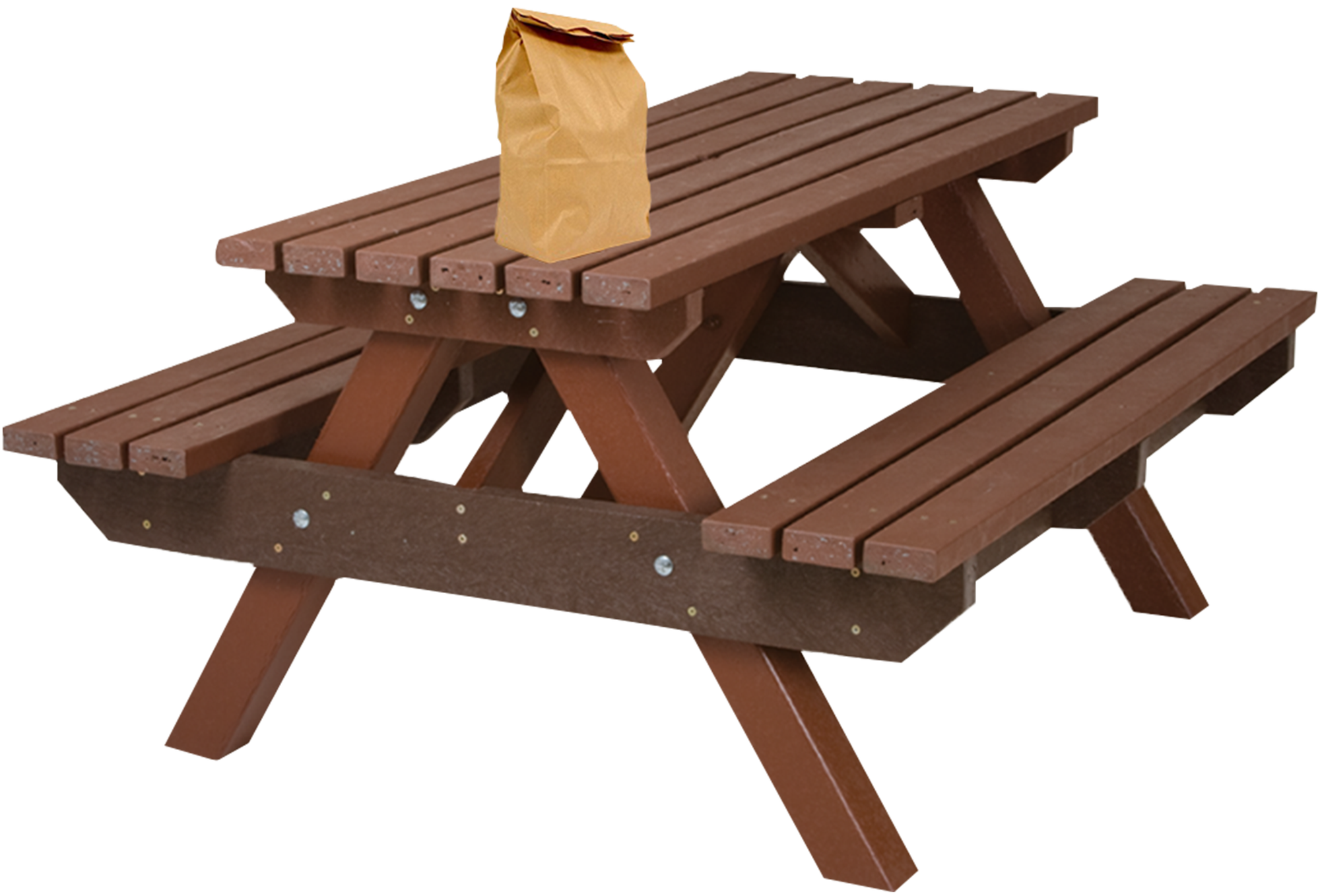 A stuffed brown paper bag sits on top of a chocolate colored picnic bench.