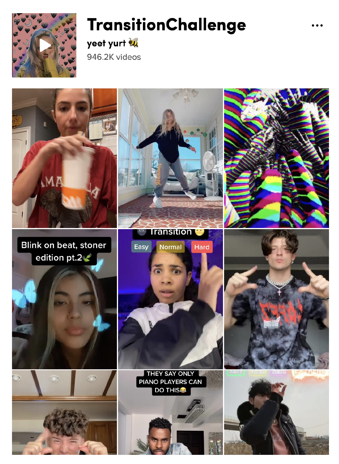 screenshot of #transitionchallenge on TikTok. below the name of the hashtag is the text 'yeet yurt' and '946.2K videos.' thumbnails of various TikToks with this hashtag are tiled below the text.