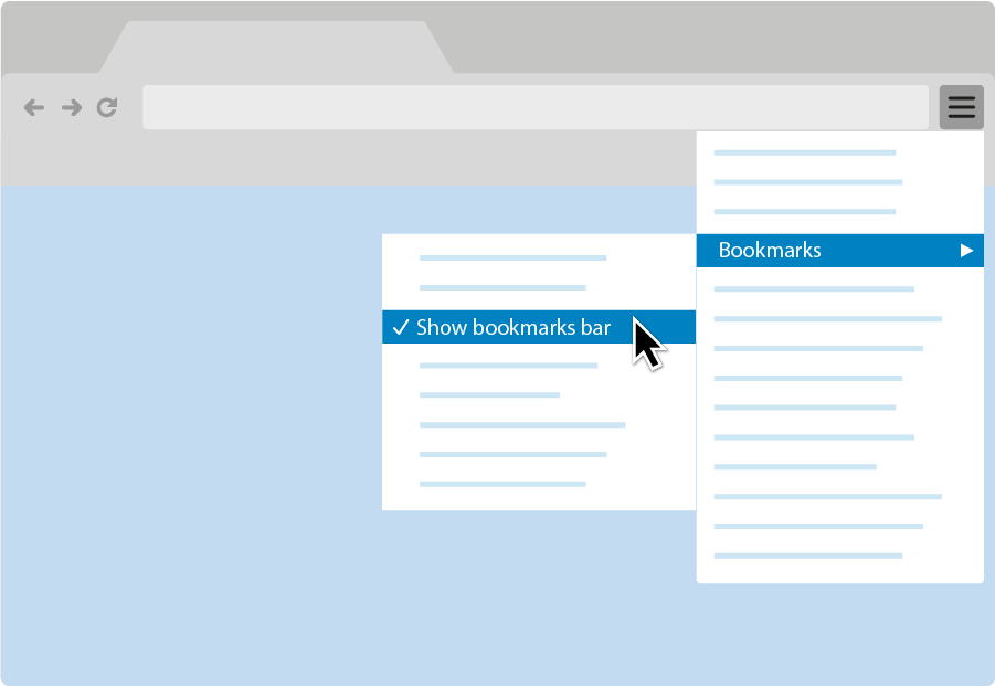 A graphic showing how to turn on the bookmarks bar
