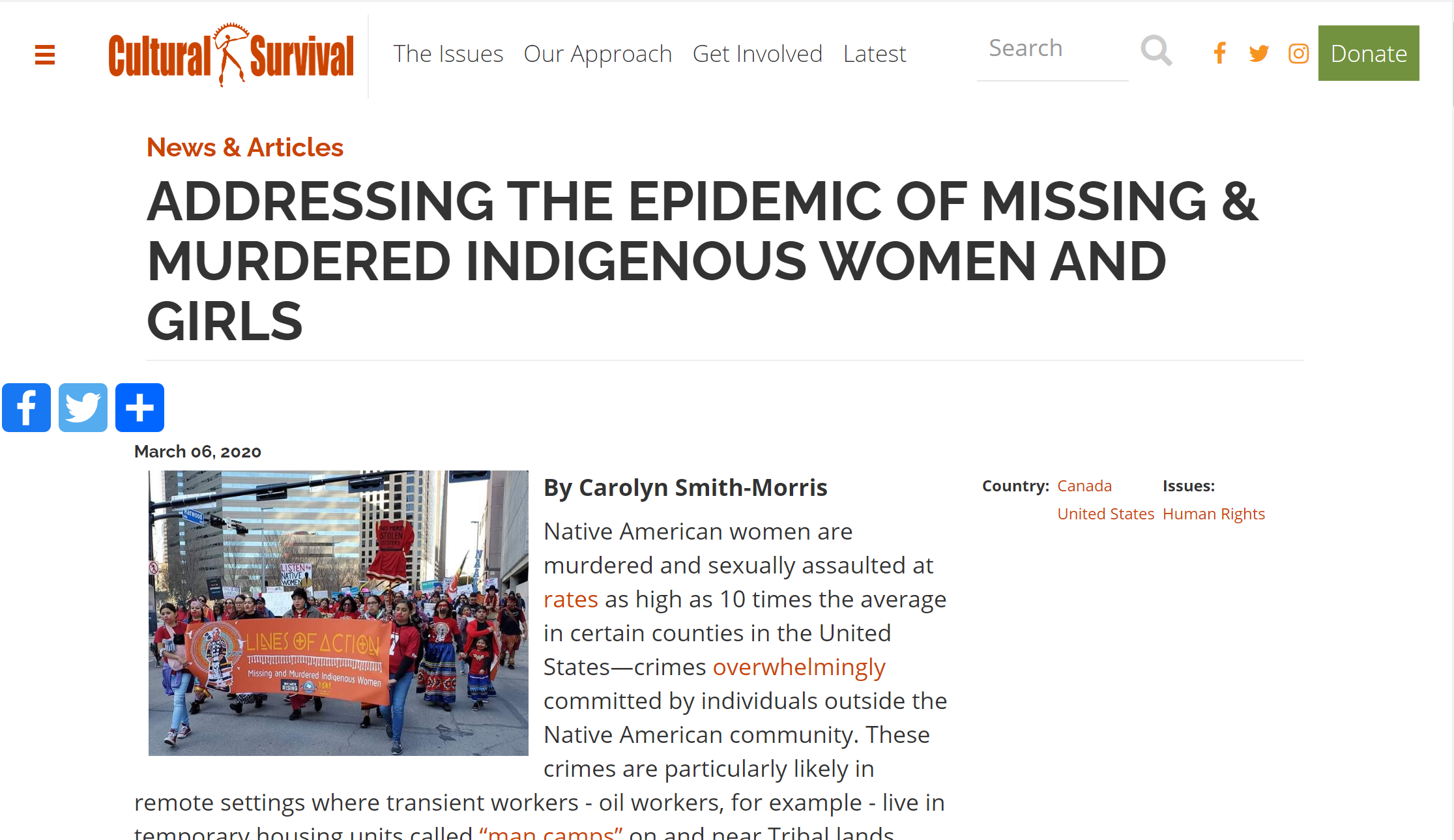 Article about missing Indigenous women and girls.