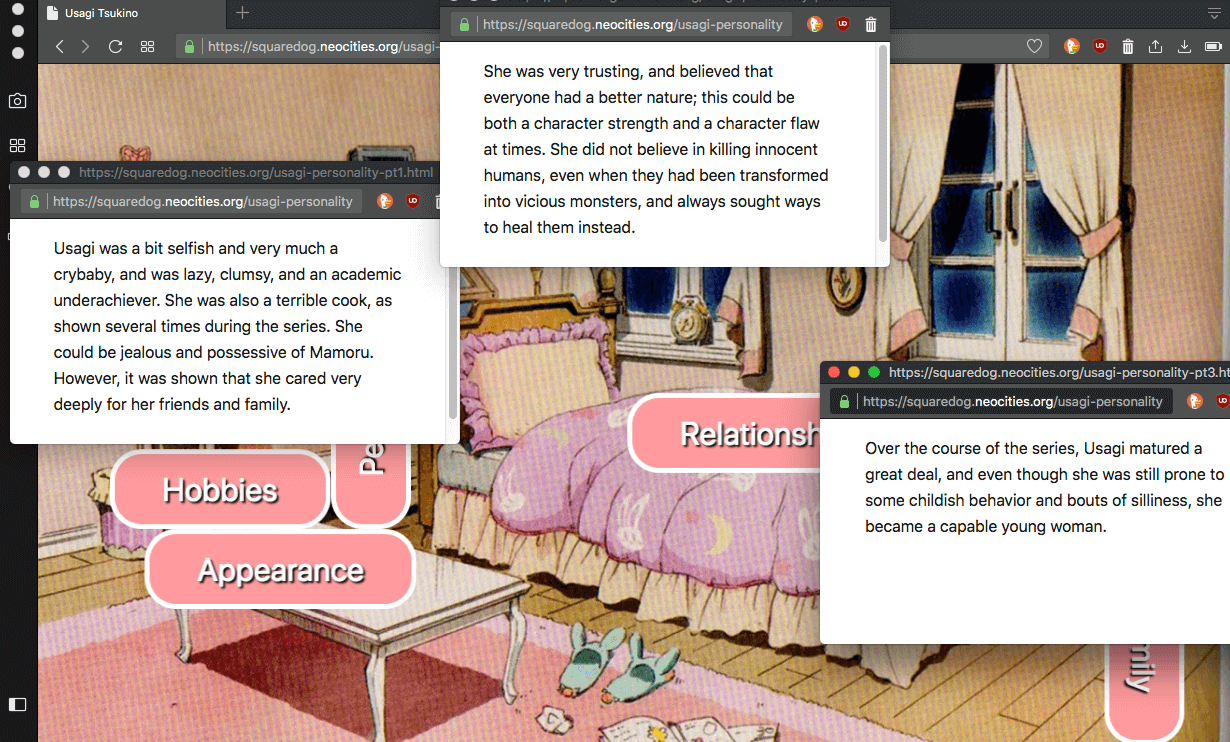 A screenshot of Usagi's bedroom with several browser windows open, showing more information about her
