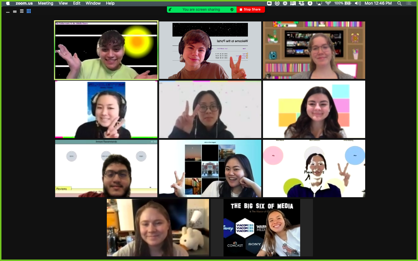 Another screenshot of us on Zoom, this time our backgrounds are the sites we created for our series projects. Everyone is smiling, some people give peace signs with their hands
