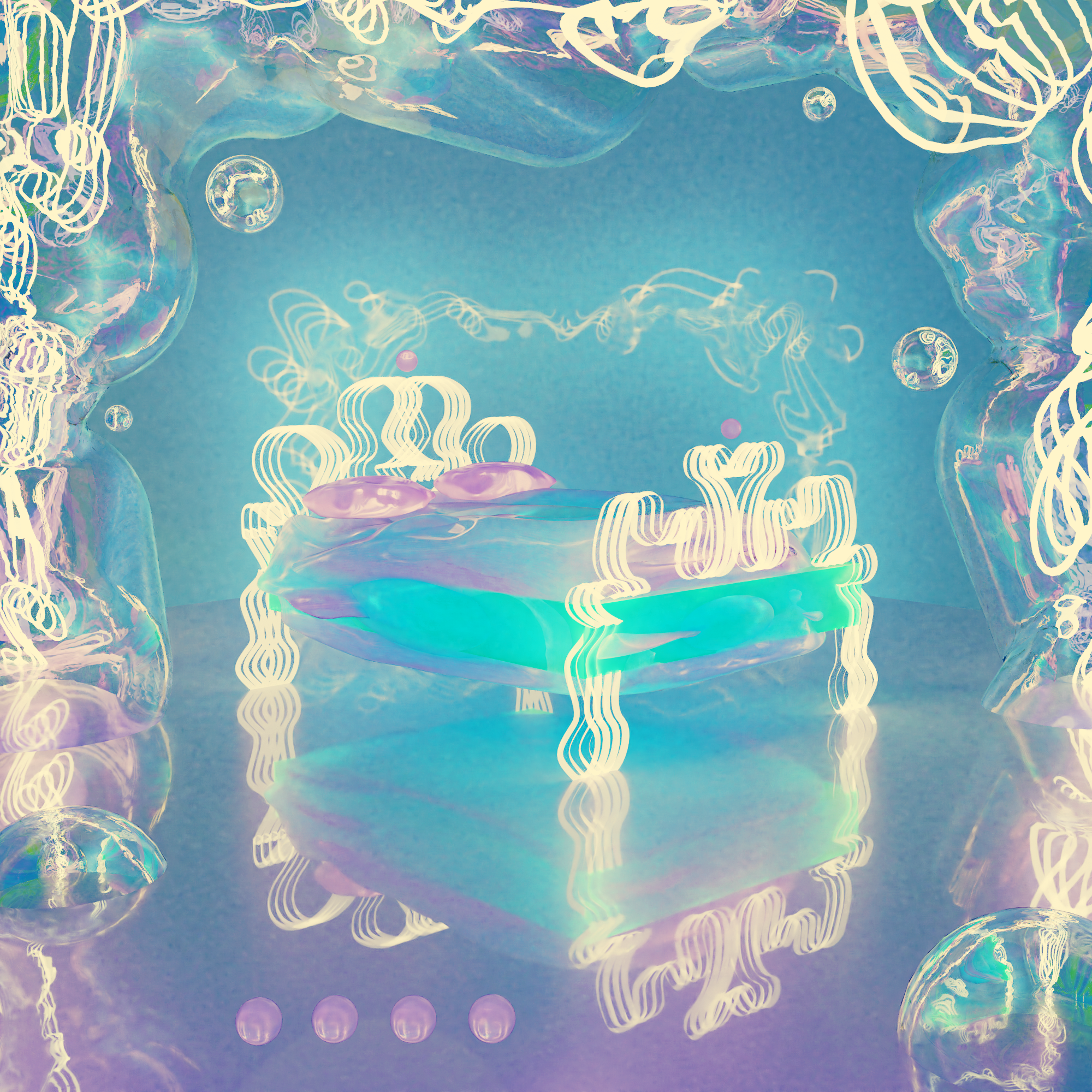 a dreamy CG illustration of a transparent bed with twishing white
      headboard. The bed rests at an angle on a reflective floor surrounded by
     reflective bubble shapes and white twisting curls.