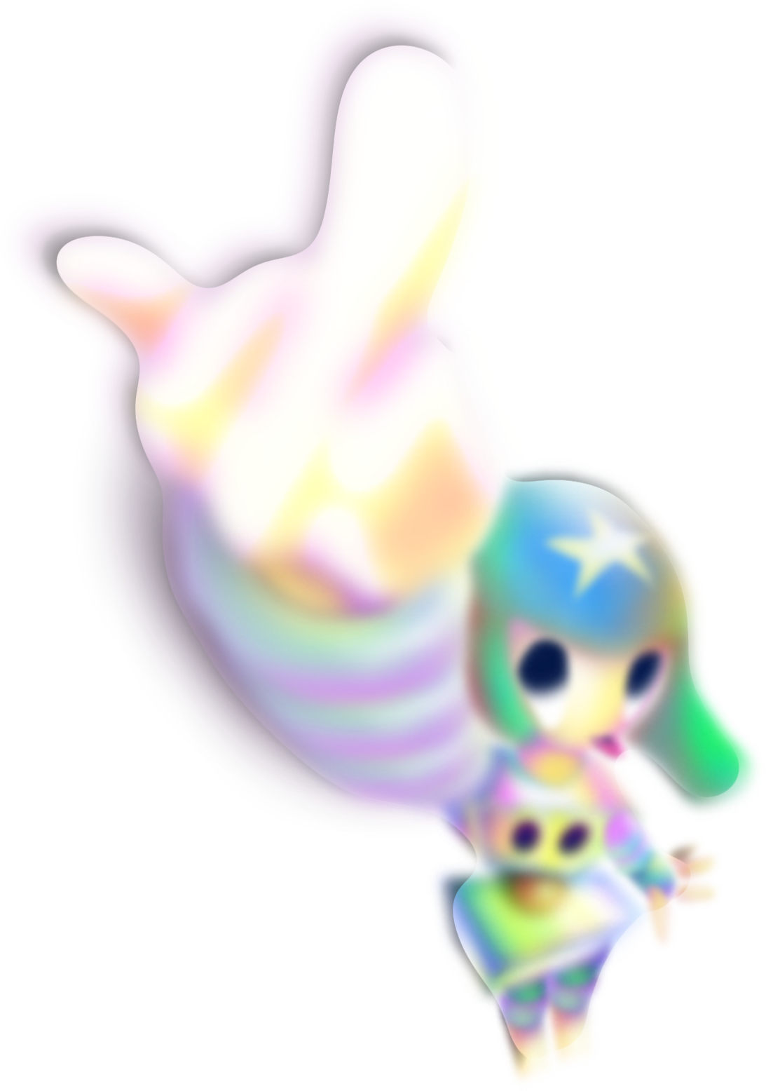 a very cute and colorful CG character seen standing from an overhead perspective with blue and green hat with a white star, big round eyes, and a big striped arm reaching up and giving a middle finger.
