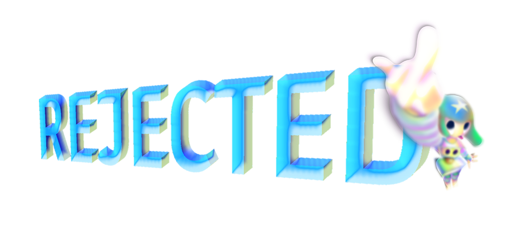 rejected! in slanted blue beveled text