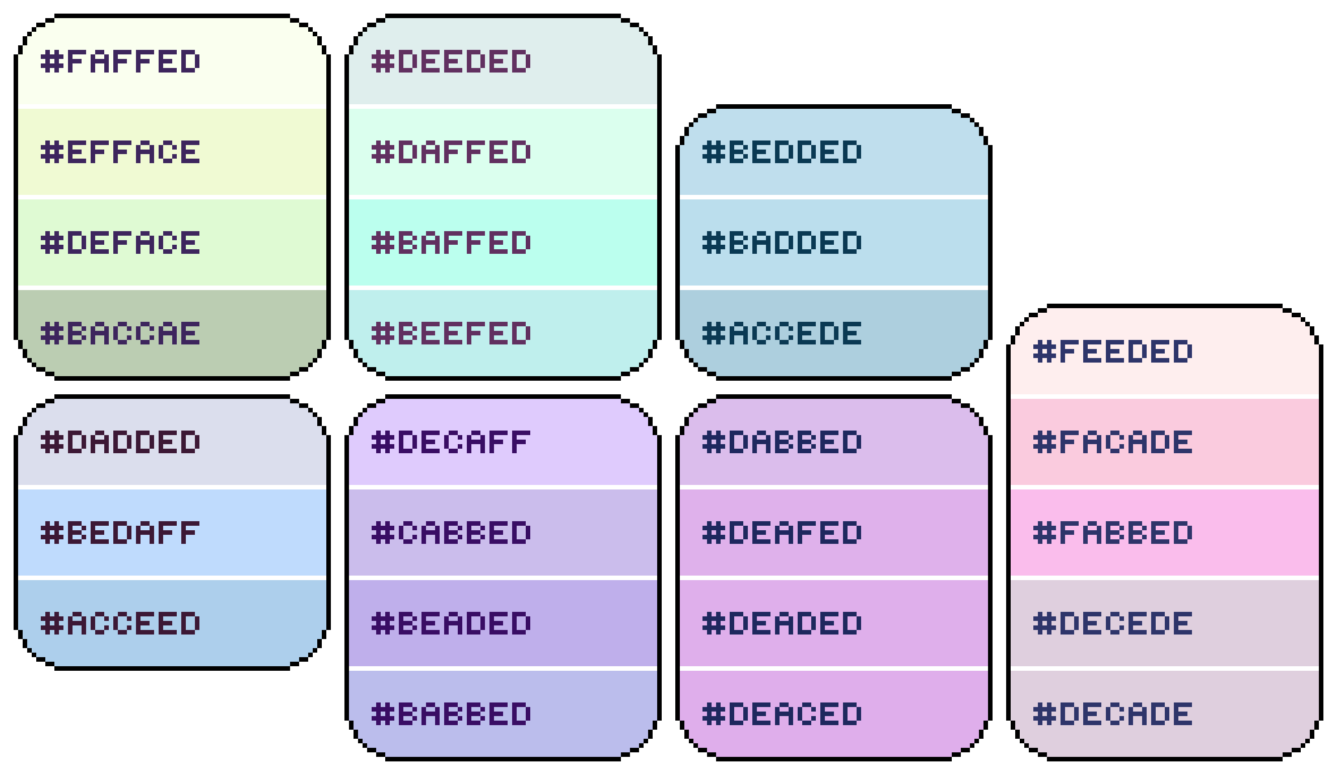 A pixel art representation of the seven preceding paint chips