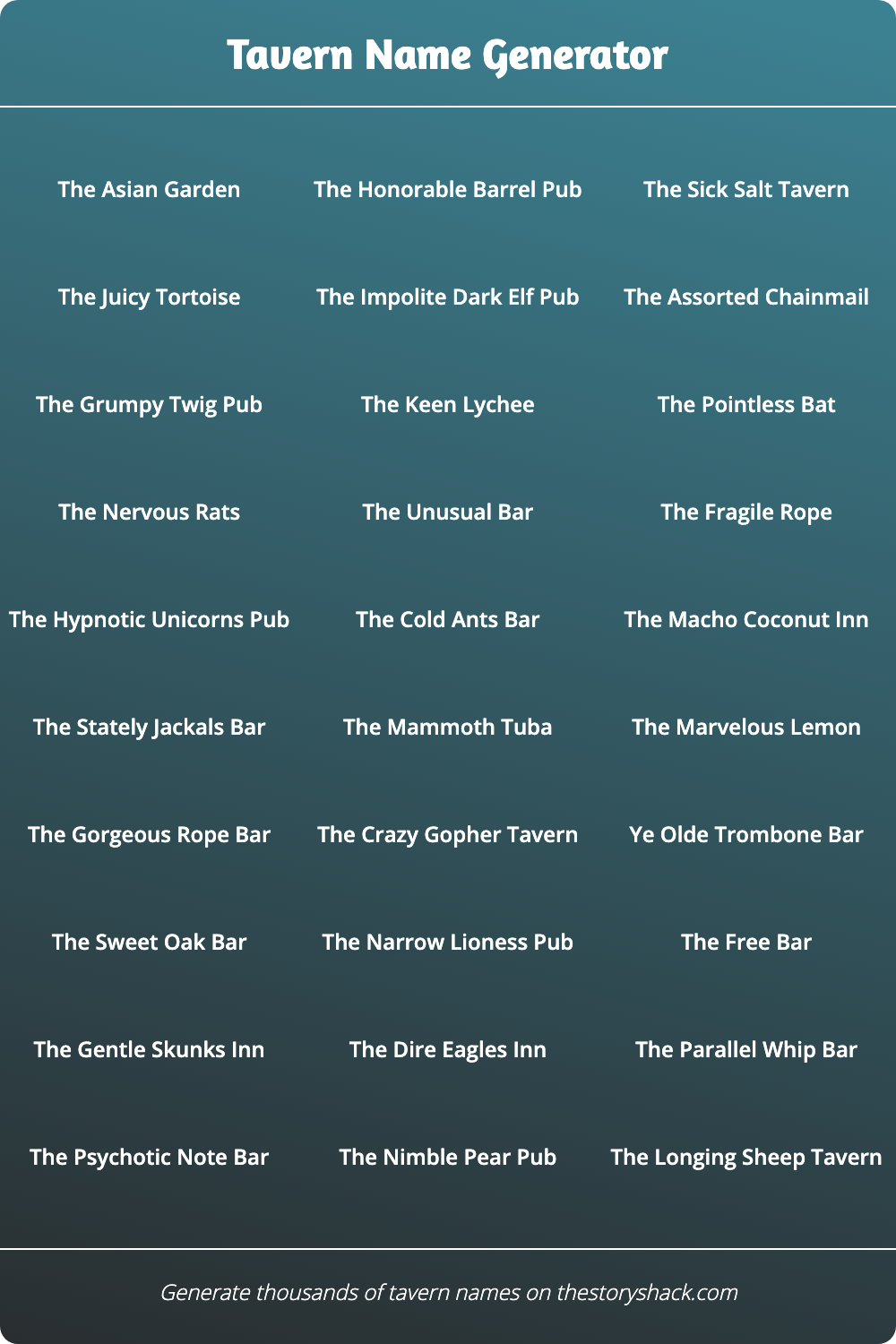 Tavern Name Generator | 1000s of random tavern names