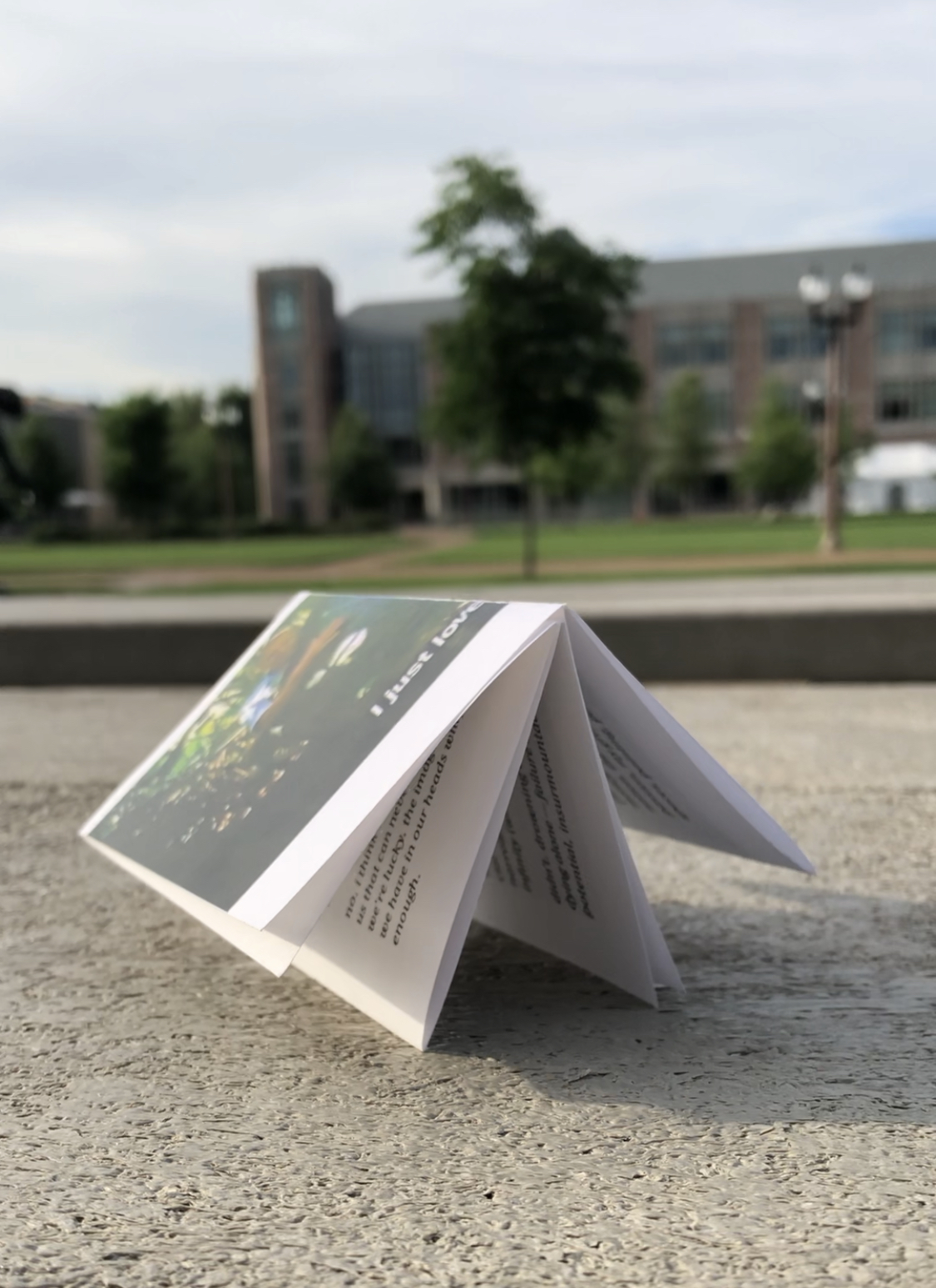 a small folded booklet perched on its pages to resemble a house; it's placed on a gray surface. in the distance are trees and school buildings, against an overcast sky.