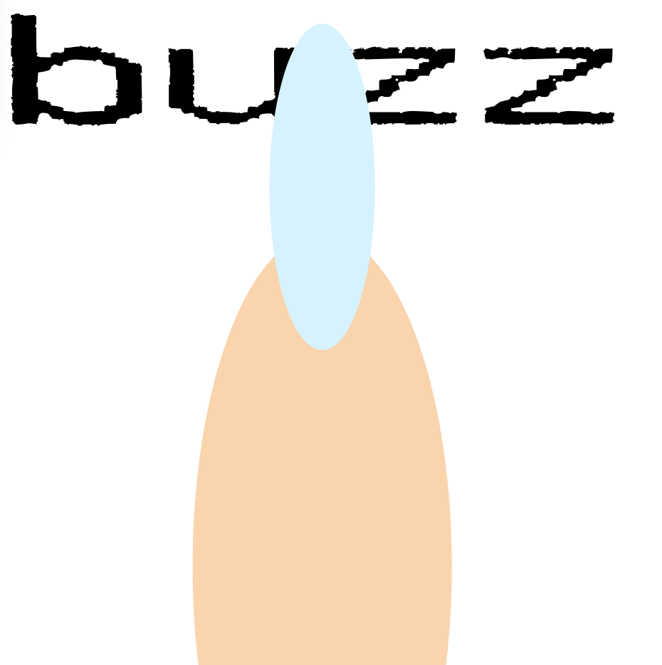 “buzz” in a black textured receipt-like font, above a narrow light blue oval (as the head) with a cream-beige oval as the torso, against a white background. 