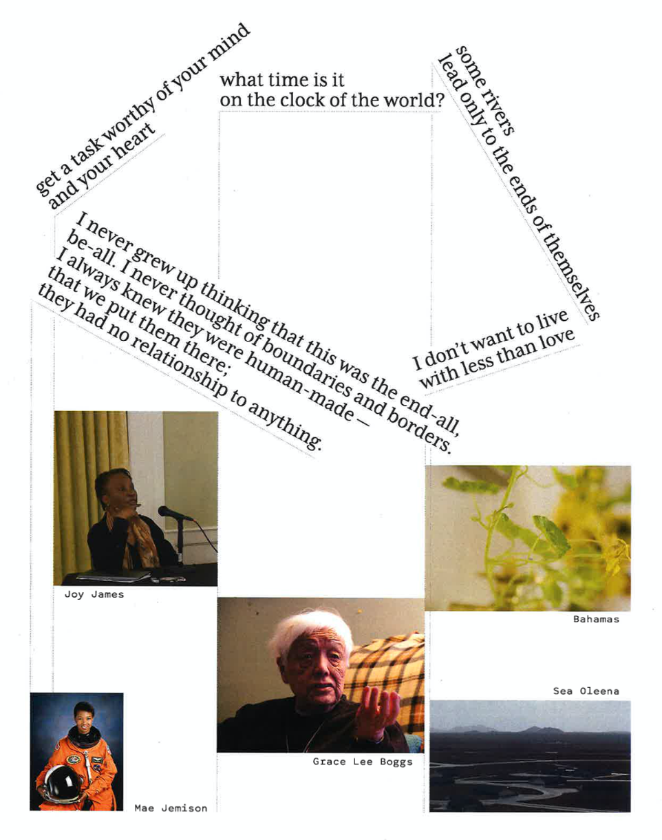 a colorful poster with overlaid images of several people, as well as quotes from them. the quotes circle around at the top of the poster, with dotted lines trailing down to correspond to their respective sources.