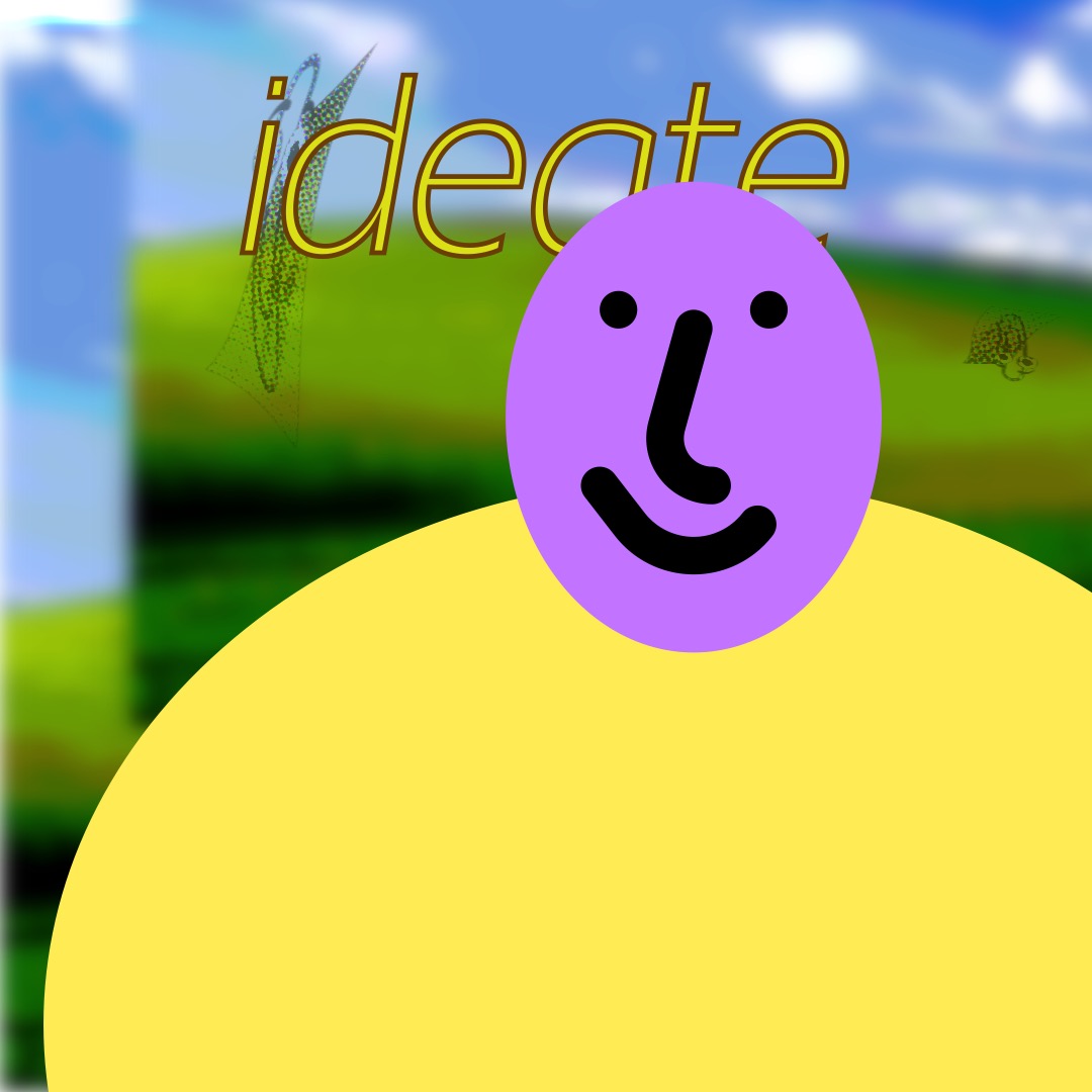 “ideate” in yellow, outlined brown, above a light purple smiley face (whose features are outlined in thick black brushstrokes) with a light yellow oval as a torso. The background is a duplicated image of rolling hills and a blue sky. Warped images of Clippy surround the smiley, stretched beyond recognition.