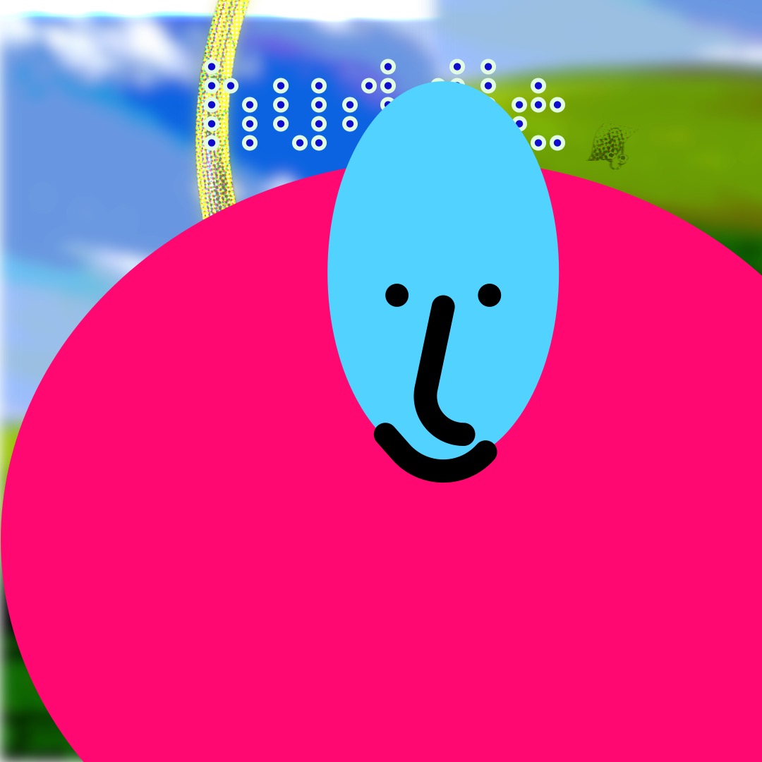 “huddle” in a dark blue-gray, dotted/pixellated font, outlined in white, above a tall blue smiley face (whose features are outlined in thick black brushstrokes) with a large pink oval as a torso. The background is a duplicated image of rolling hills and a blue sky. Warped images of Clippy flank the word “huddle” to its left and right.
