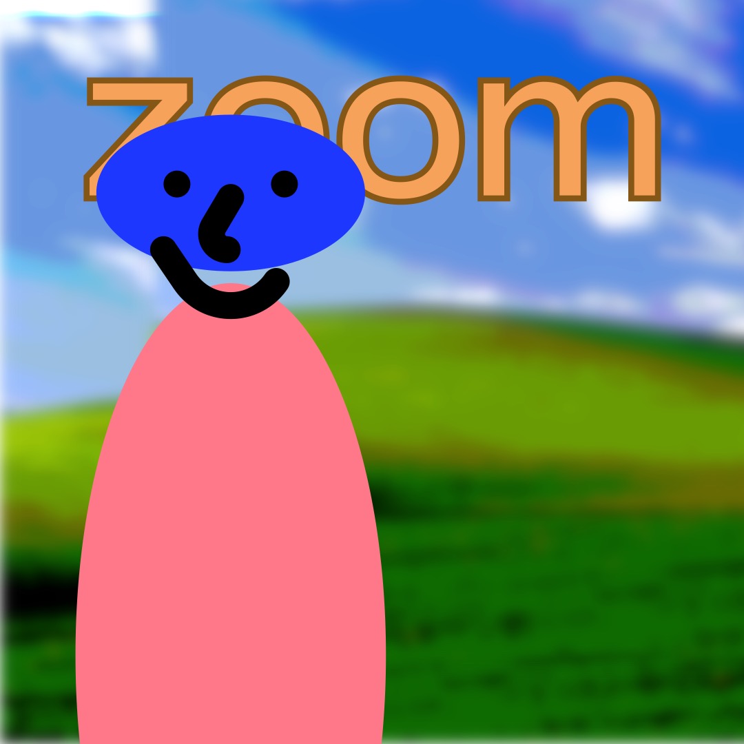 “zoom” in orange, outlined in gold-brown, above a wide blue smiley face (whose features are outlined in thick black brushstrokes) with a coral/salmon oval as a torso. In the background are rolling hills and a blue sky.