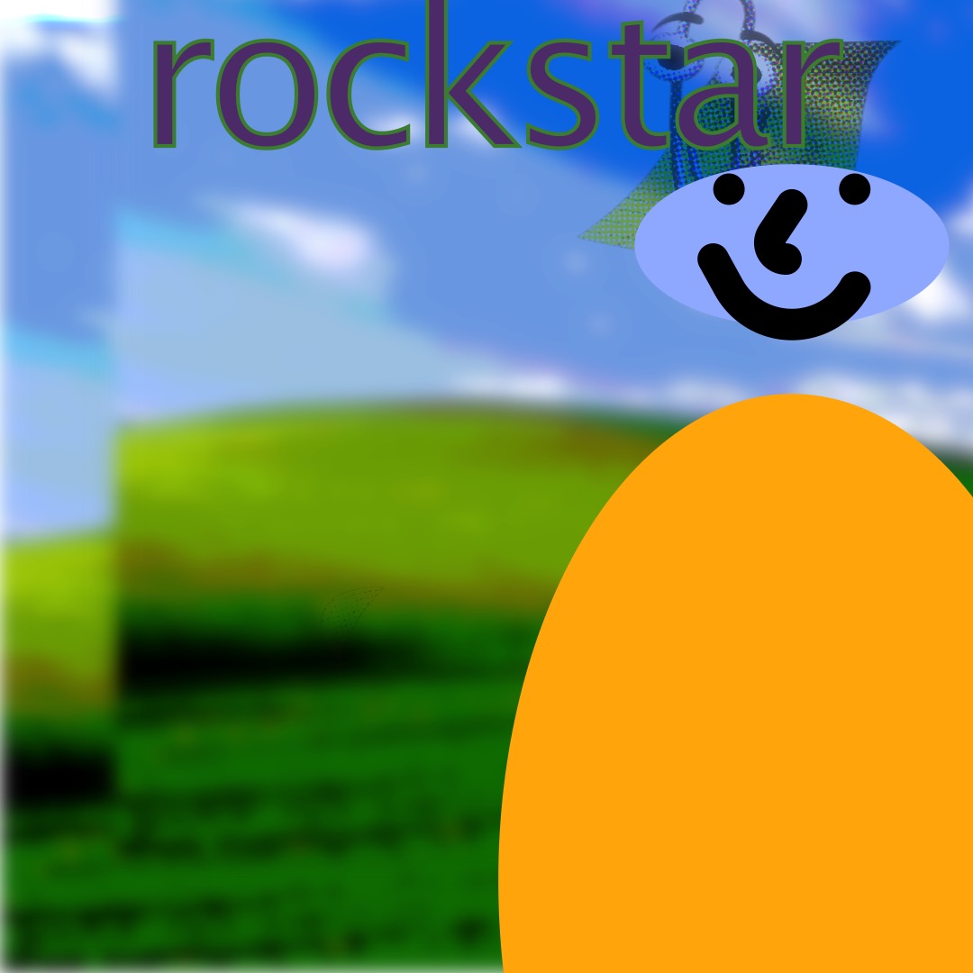 “rockstar” in purple, outlined olive green, above a lavender smiley face (whose features are outlined in thick black brushstrokes) with an orange oval as a torso. The background is a duplicated image of rolling hills and a blue sky. In the top right, behind the smiley’s face is a semi-transparent Clippy.