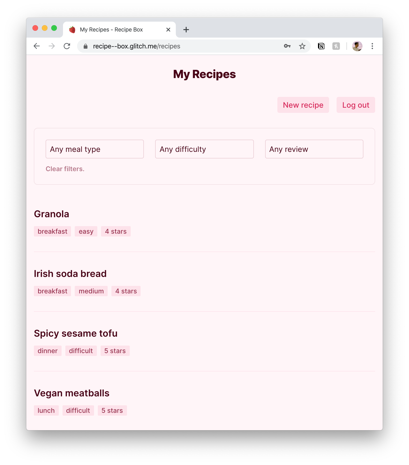 A screenshot of the recipes view of the app.