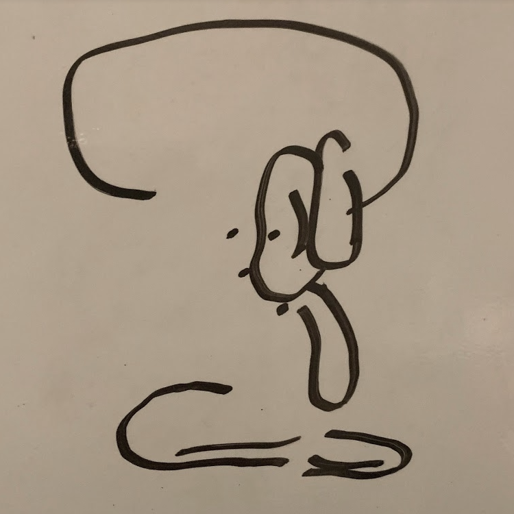 A drawing of Squidward from Spongebob Squarepants. The features are misaligned but the character is still recognizable.