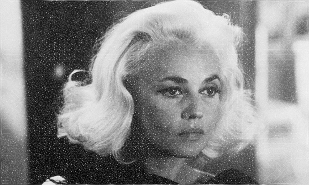 An image of the french actress Jeanne Moreau processed using delauney trianglulation