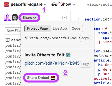 Click the Share button in the editor for a project, then in the menu that opens, click 'Share embed'